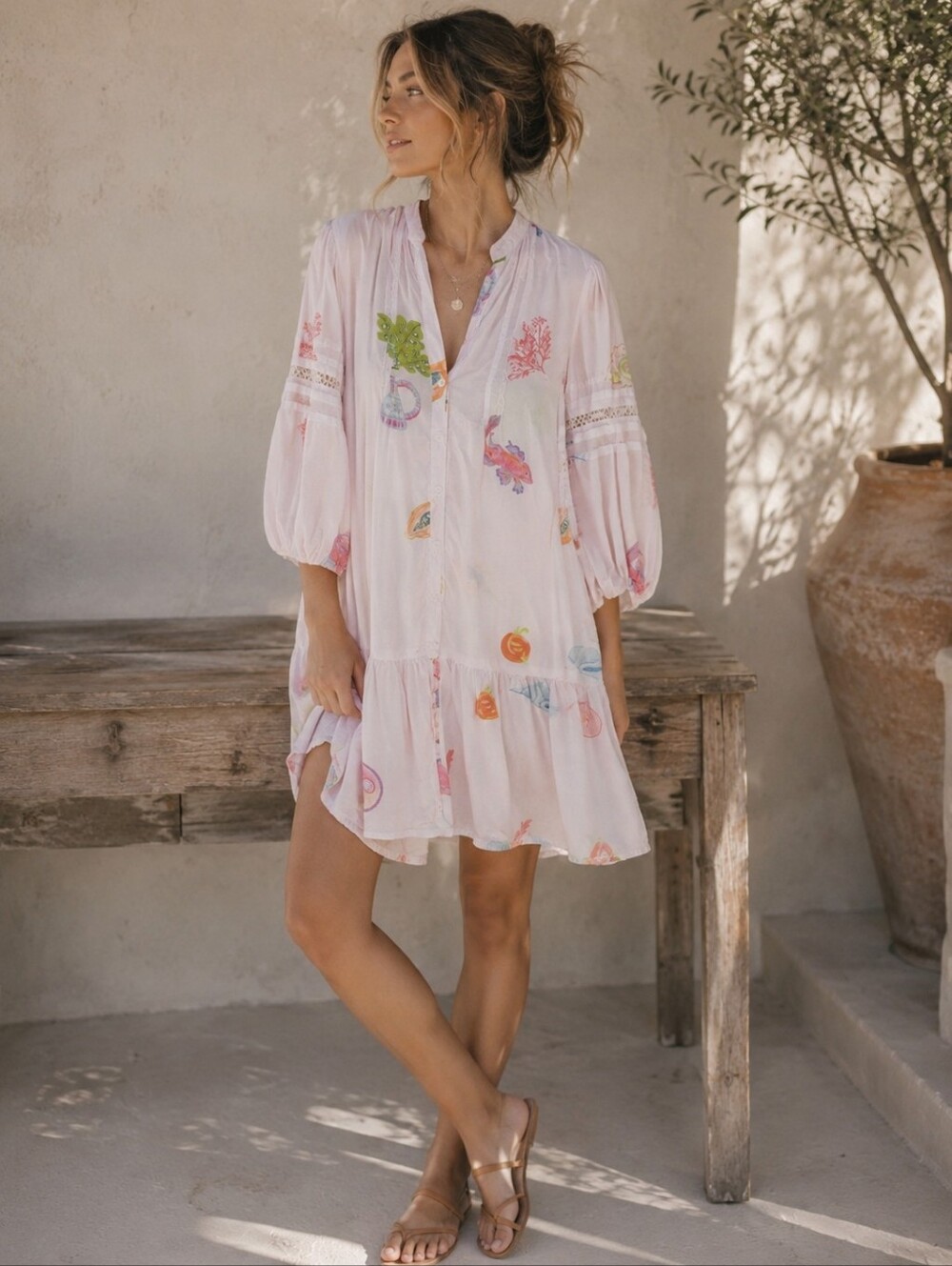 Pranella Light Pink Printed Button-Front Tunic Dress